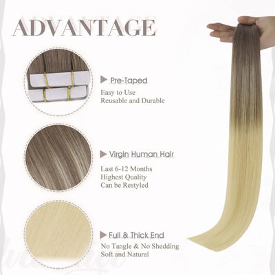 Full Shine Virgin Tape in Extensions 100% Human Hair Balayage Blonde #8/60