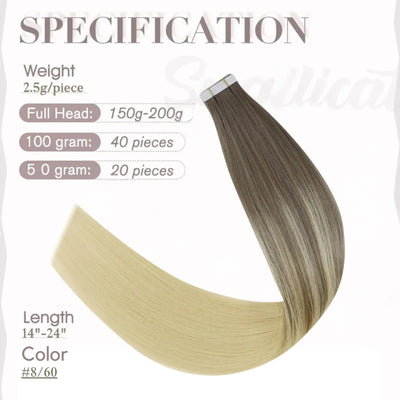 Full Shine Virgin Tape in Extensions 100% Human Hair Balayage Blonde #8/60
