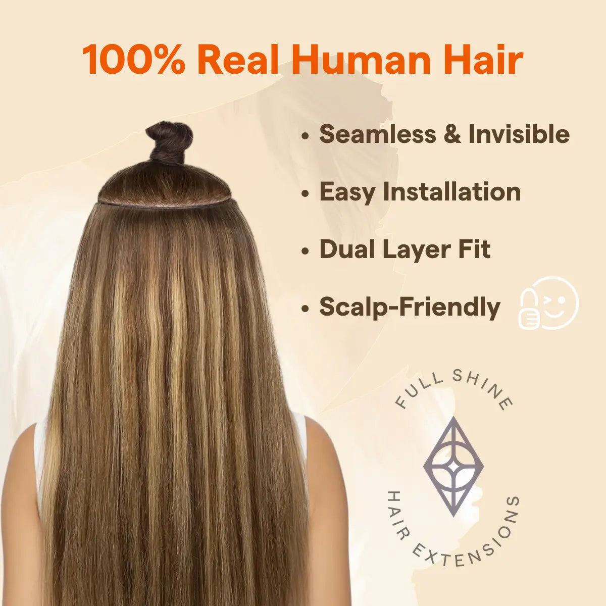  Fullshine Balayage Brown Highlights with Brown and Blonde Seamless Weft, 18 Inches, Real Human Hair, Smooth and Silky Texture, Full Volume, Natural Flow, Lightweight, Rich Brown Balayage with Subtle Blonde Highlights, Non-Shedding, Healthy Hair, High-Gloss Finish, Easy Styling, No Tangles, Comfortable Fit