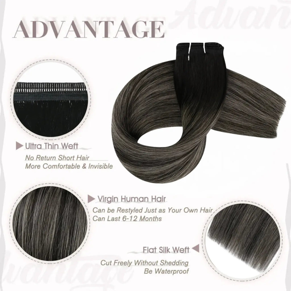 Full Shine Flat Silk Weft Virgin PU Sew In Human Hair Extensions Balayage Highlights (#1B/Silver/1B)
