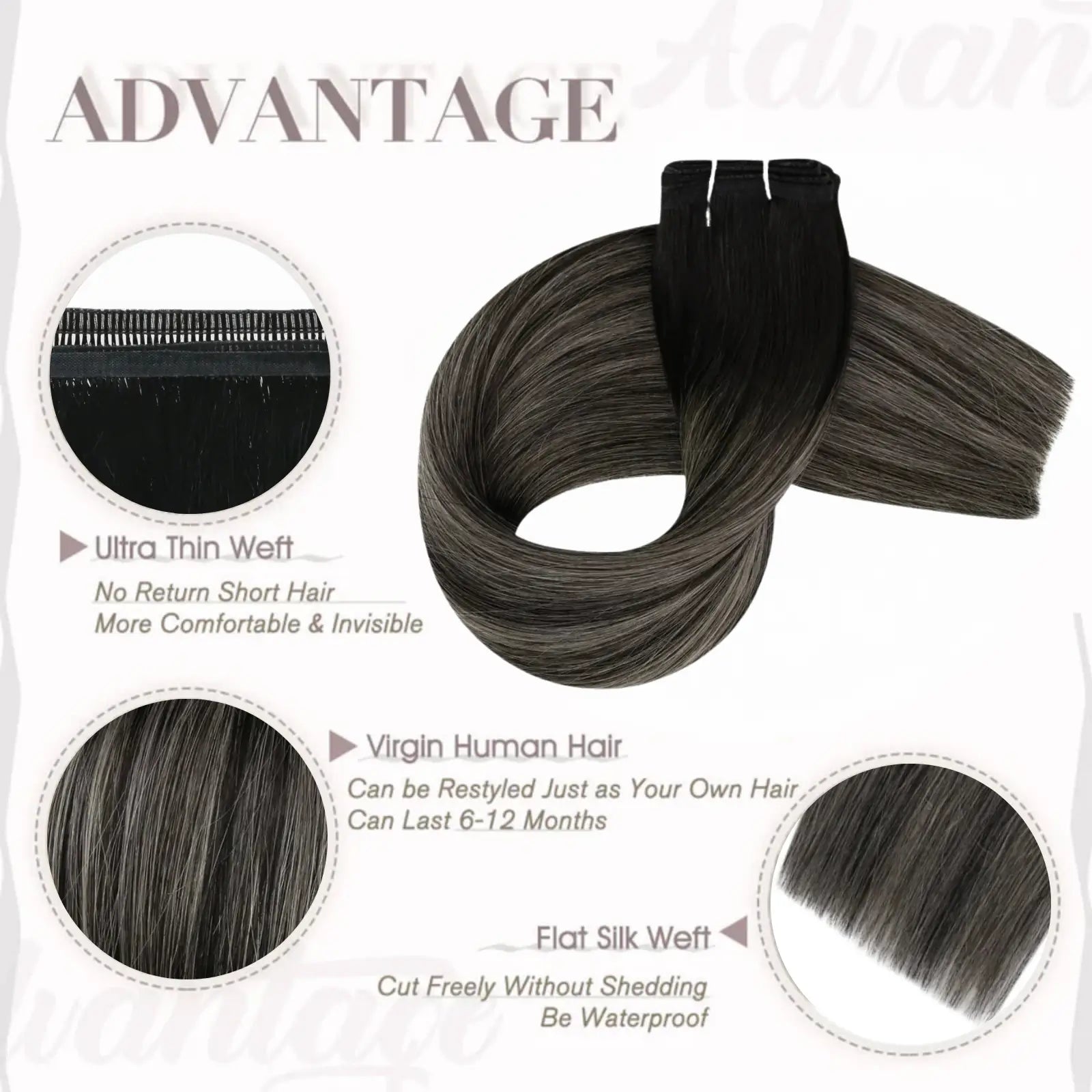 Full Shine Flat Silk Weft Virgin PU Sew In Human Hair Extensions Balayage Highlights (#1B/Silver/1B)