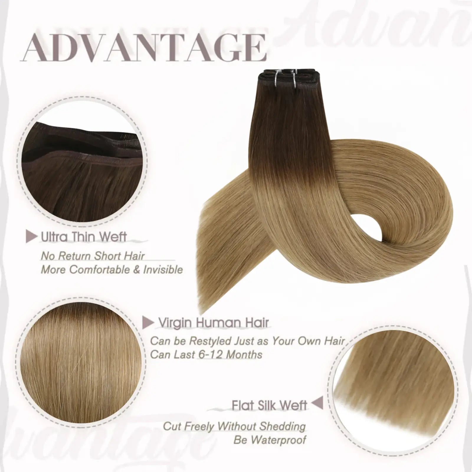 Full Shine Flat Silk Weft Virgin Sew In Human Hair Extensions Balayage(#3/8/22)
