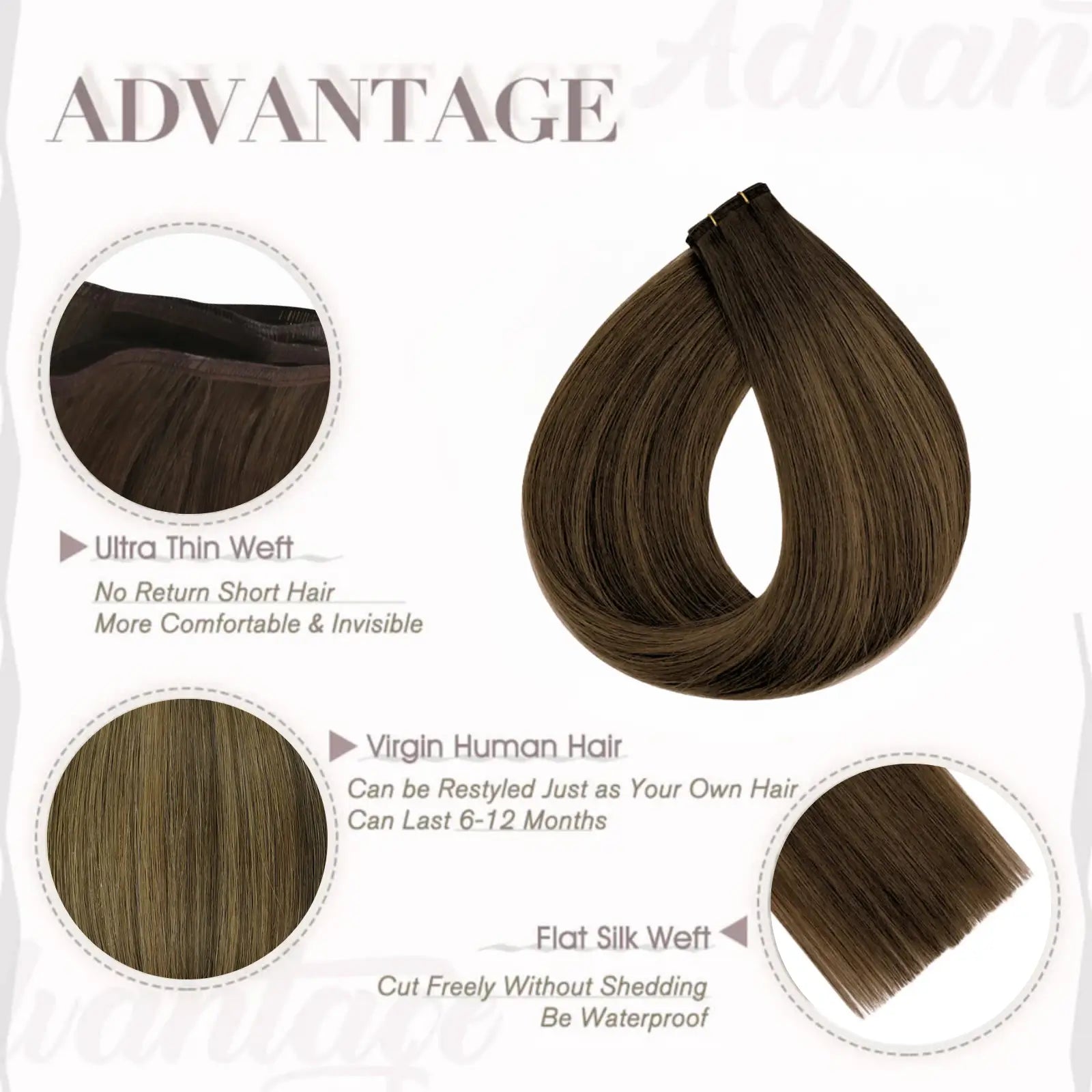 Full Shine Professional Virgin Hair Flat Silk Weft Sew In Human Hair Extensions Balayage (#DU)