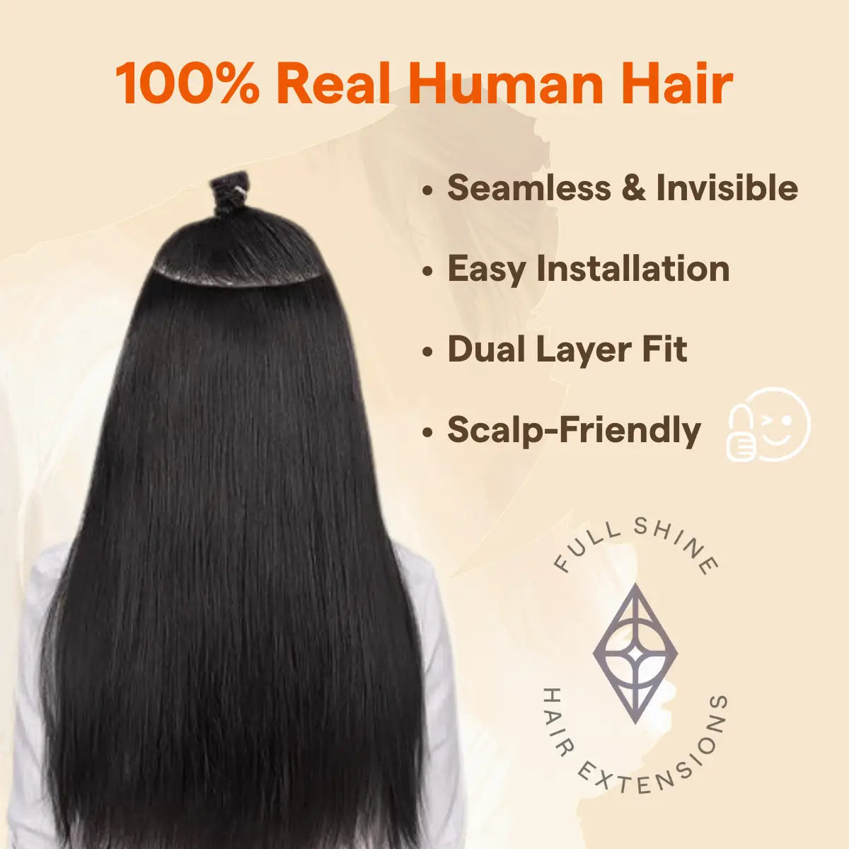 Fullshine Double Layer, Invisible Weft, Jet Black, Real Hair Extensions, Natural Look, Seamless Fit, Long Hair, Comfortable, Bead Ring, Healthy Hair