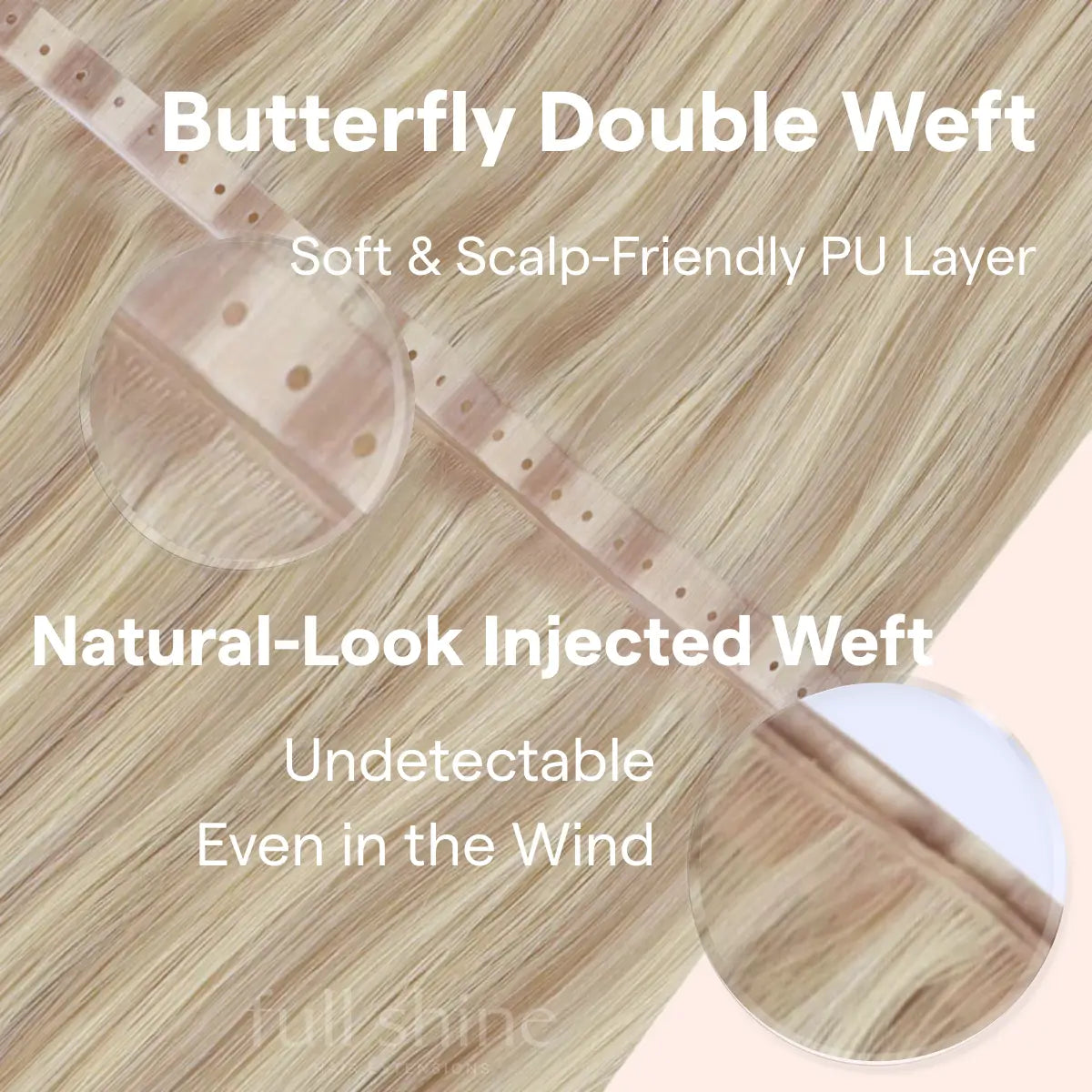 Fullshine, Golden Blonde Highlights, Virgin Hair, Invisible Weft, Real Hair, 24 Inches, High-Quality Extensions, Natural Look, Seamless Installation, Comfortable Fit