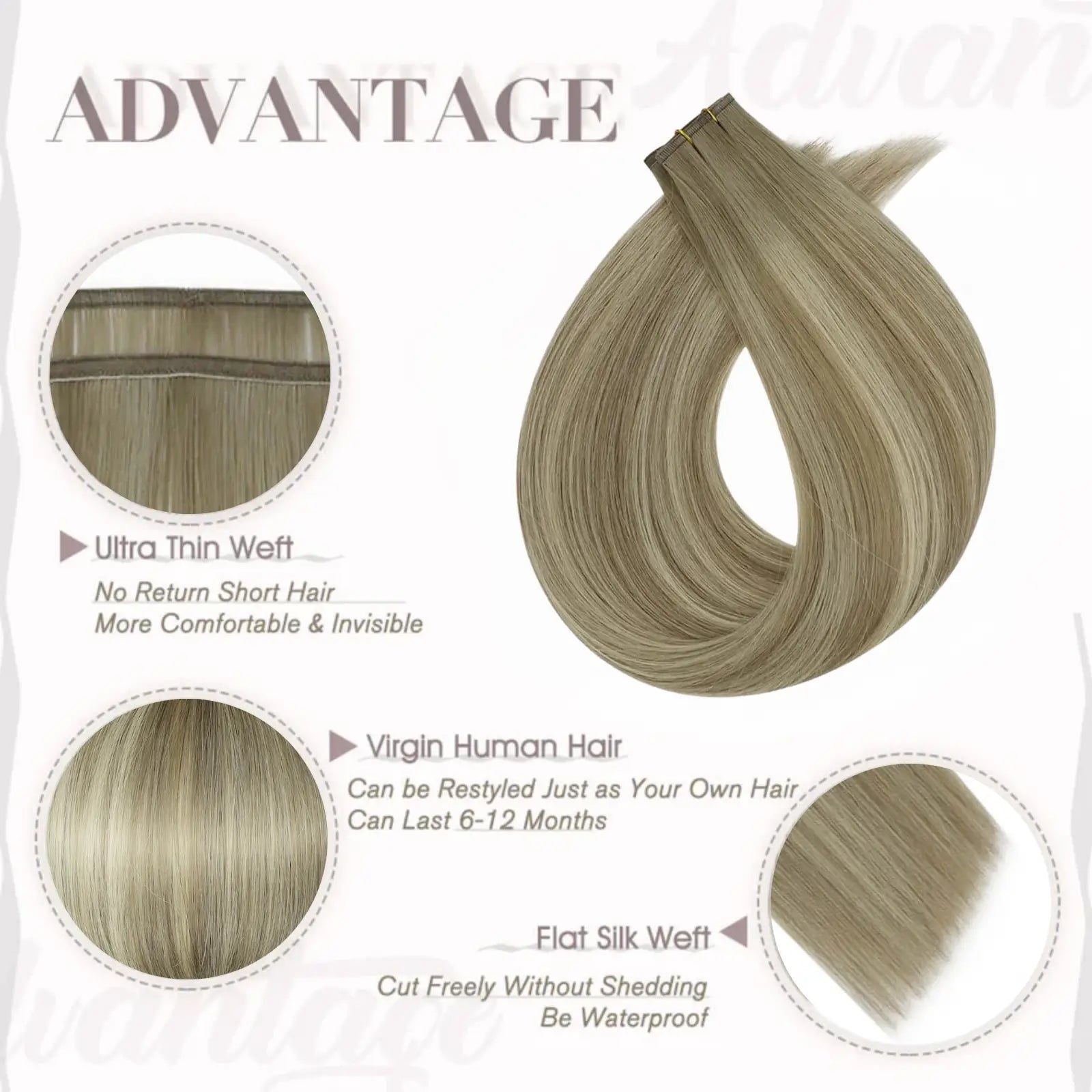 Full Shine Virgin Hair Invisible Flat Silk Weft Sew In Real Human Hair Extensions Balayage (#8/8/613)