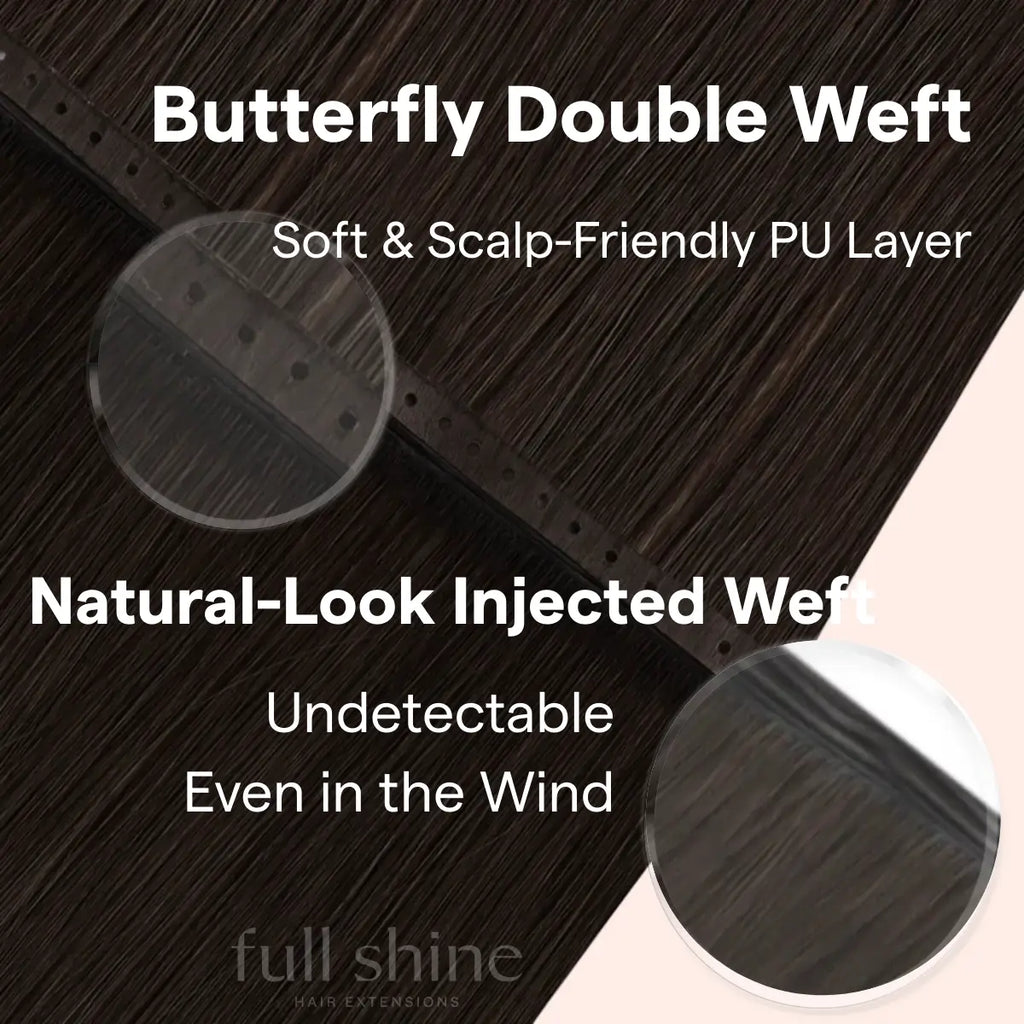 Fullshine Real Hair Extensions, Dark Brown Color, Seamless Weft, 24 Inches, Virgin Human Hair, Smooth Finish, High-Quality, Natural Look, Tangle-Free, Long-lasting, Comfortable Fit, Soft Texture, Lightweight, Easy to Install, Healthy Hair, Full Volume, Non-Shedding
