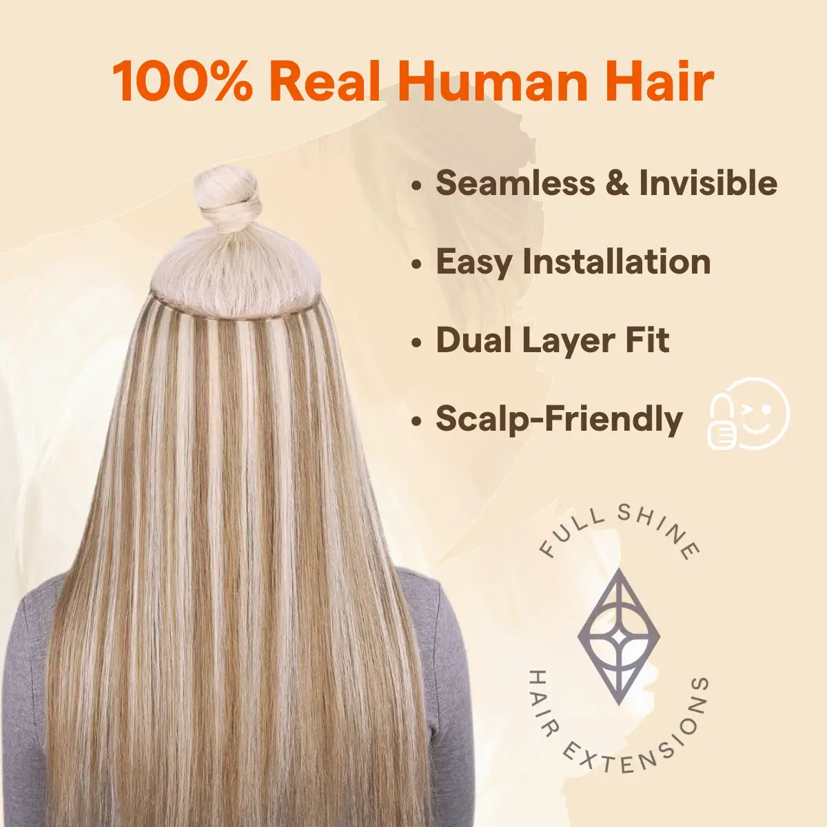 Fullshine, Real Hair Extensions, Golden Blonde Highlights, Blend, 18 Inches, Virgin Hair, High-Quality, Seamless Weft, Comfortable Fit, Natural Hair, Easy Installation