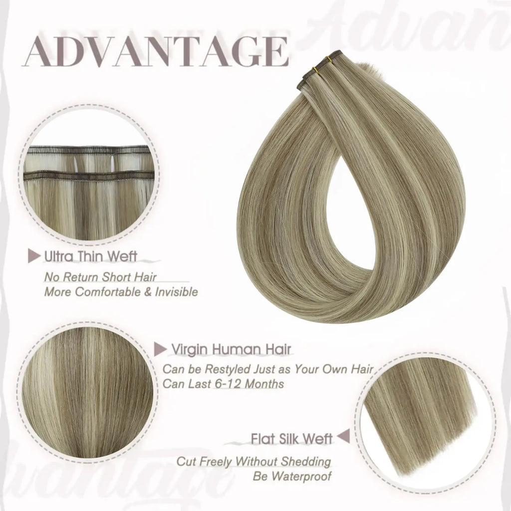 Full Shine Professional Invisible Flat Silk Weft Virgin Sew In Human Hair Extensions Highlights (#P8/60)