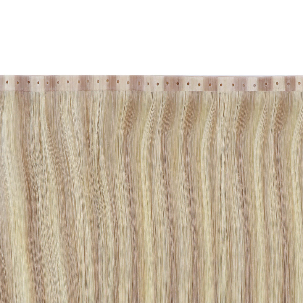  Fullshine Virgin Hair Weft, Real Human Hair Extensions, Golden Blonde Highlights, 18 Inches, Seamless Weft, Natural Blend, High-Quality Extensions, Long Hair, Smooth, Tangle-Free, Comfortable Fit, Healthy Hair, Natural Volume, Easy Installation, Non-Shedding