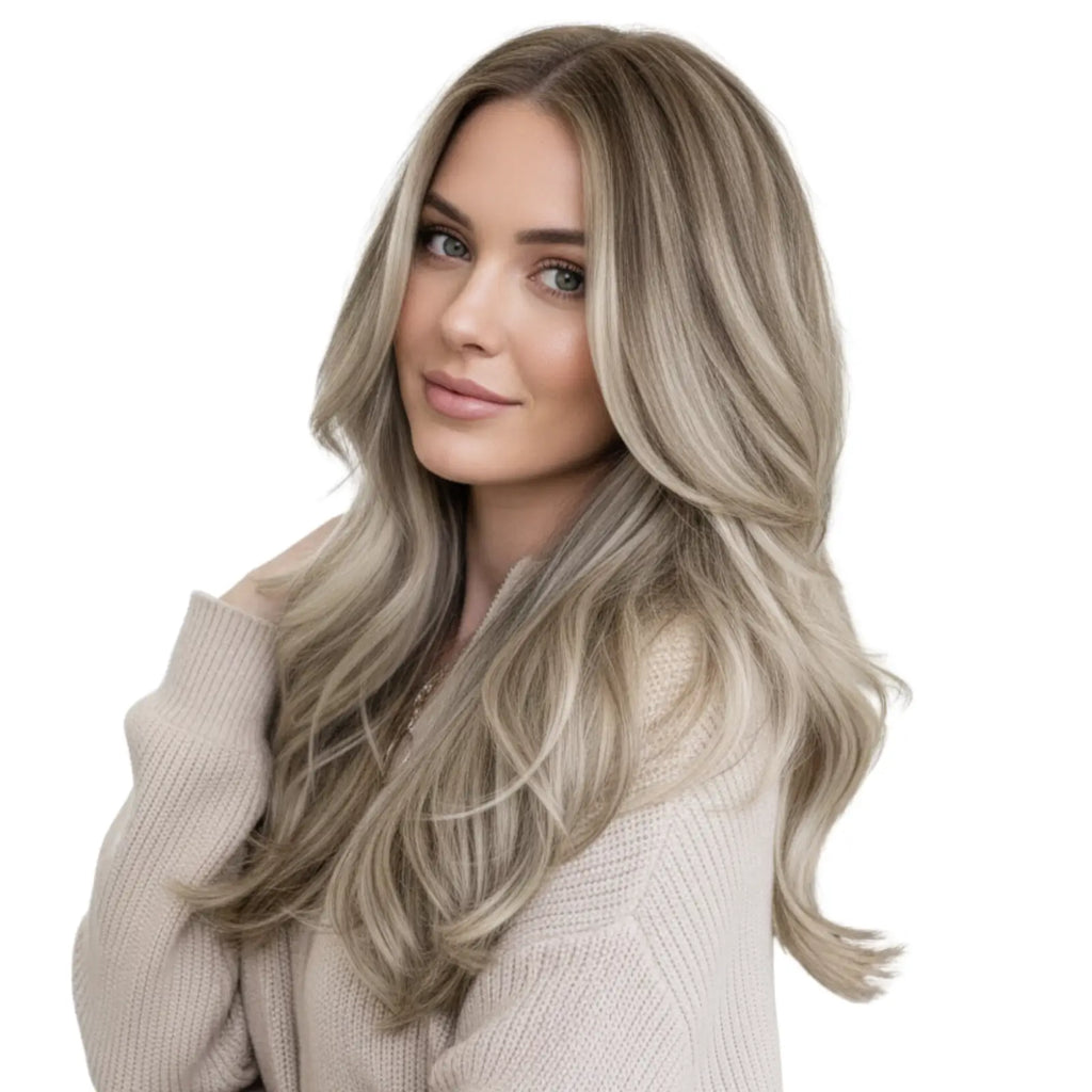 Fullshine Virgin Hair XO Invisible Weft in Ash Brown Balayage with Blonde Highlights creates a soft, dimensional blend with natural fullness.
