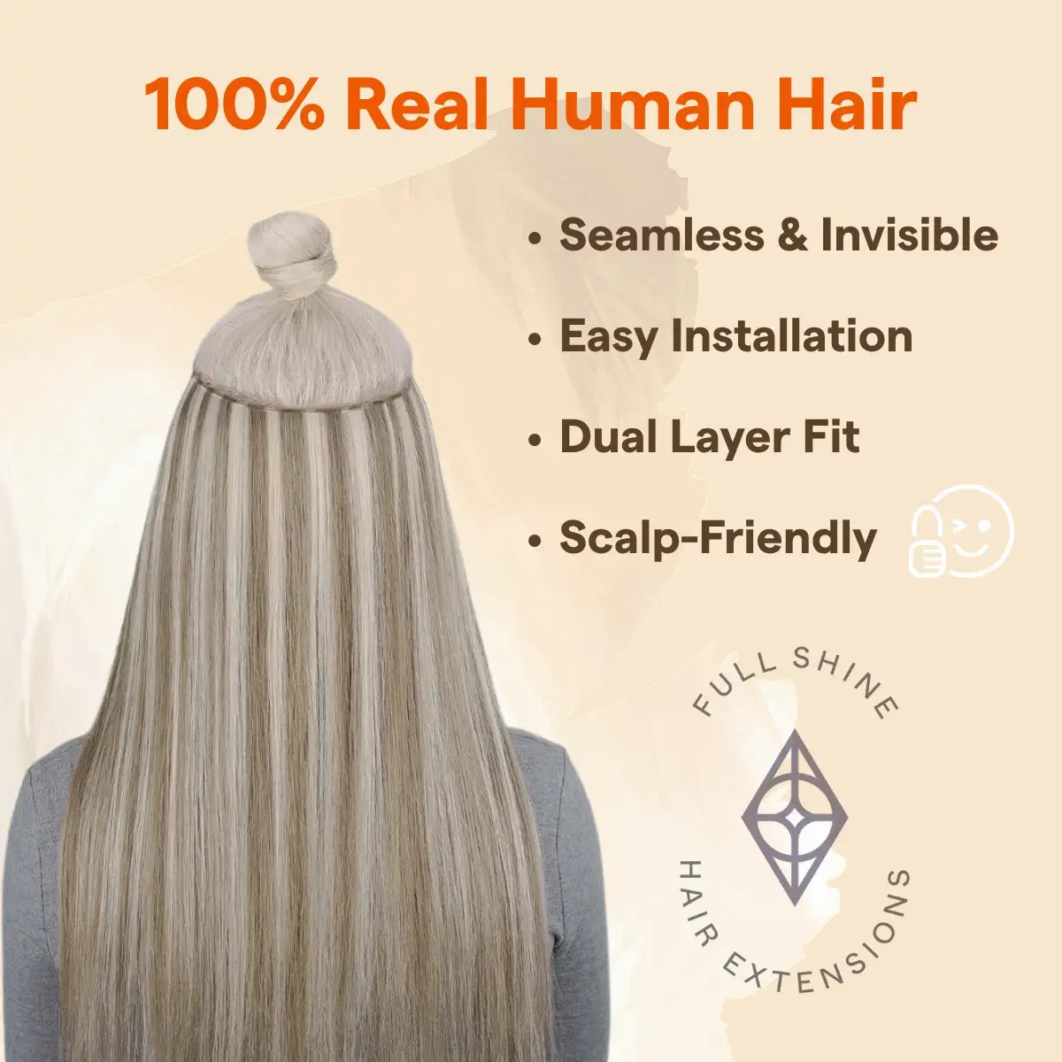 Fullshine Virgin Hair Light Ash Brown with Blonde Highlights XO Invisible Weft offers soft, silky hair that is easy to clip in.