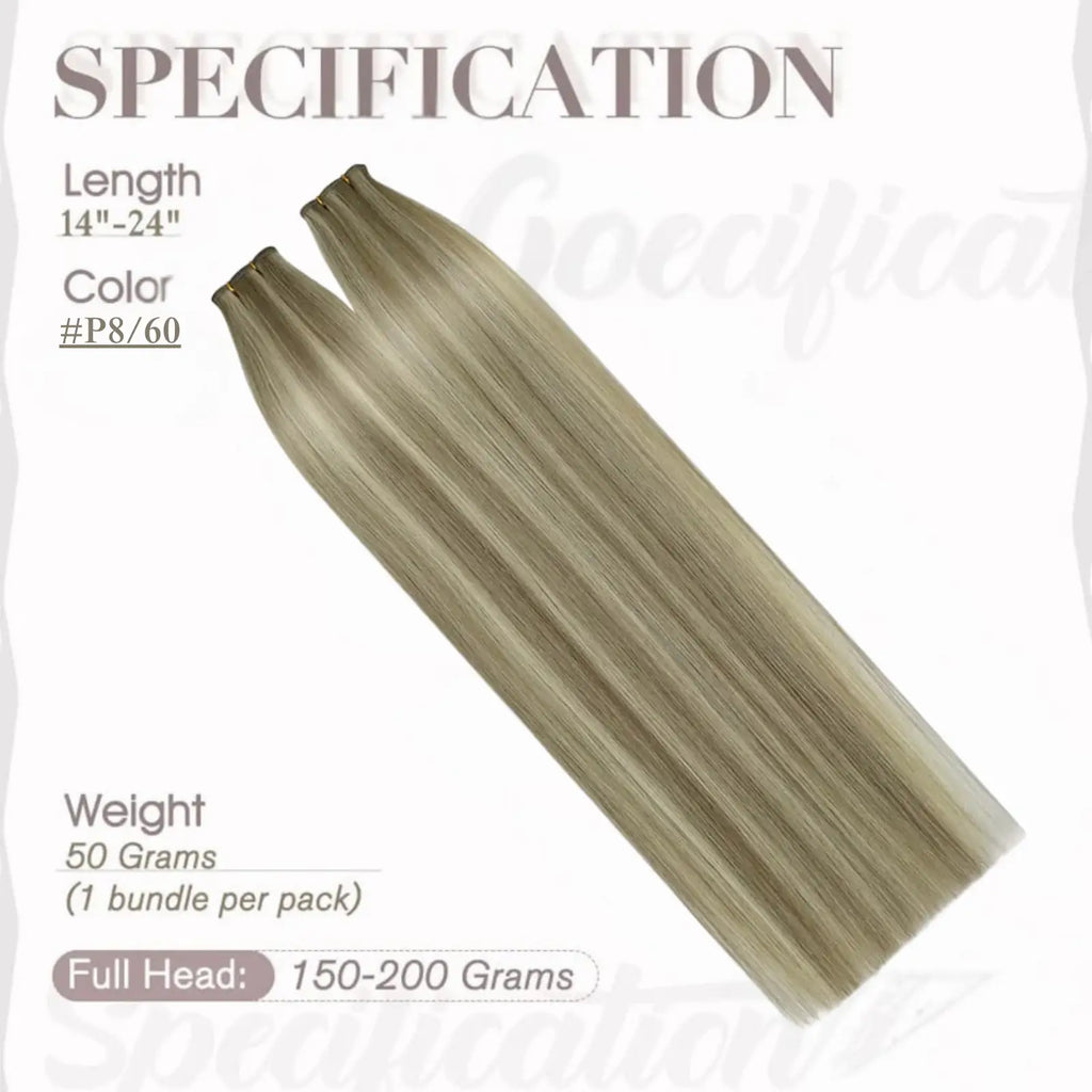 Full Shine Professional Invisible Flat Silk Weft Virgin Sew In Human Hair Extensions Highlights (#P8/60)