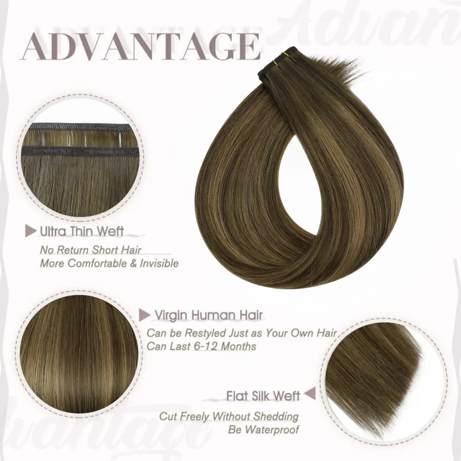 Full Shine Top Flat Silk Weft Virgin Sew In 100% Real Human Hair Extensions Balayage (#BM)
