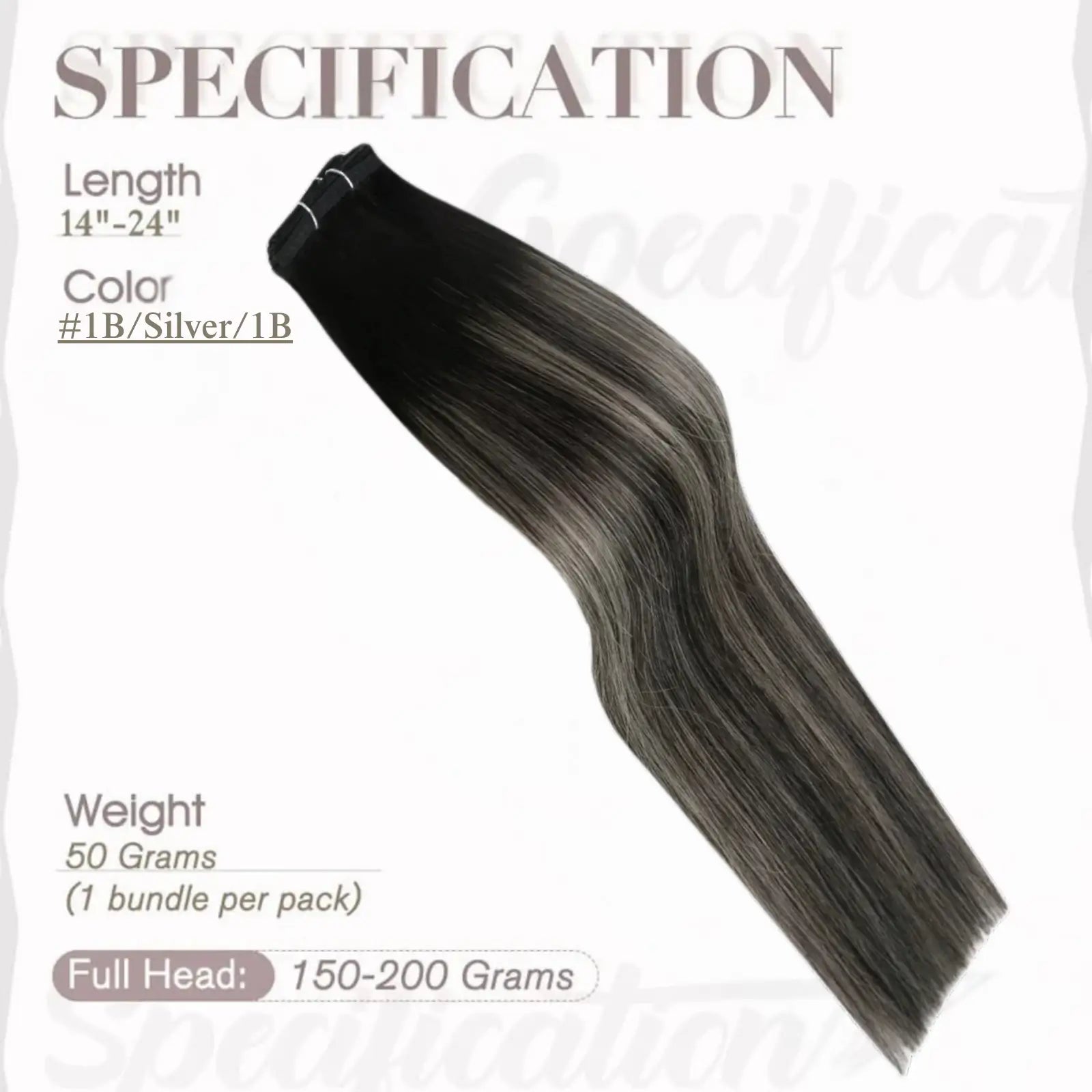 Full Shine Flat Silk Weft Virgin PU Sew In Human Hair Extensions Balayage Highlights (#1B/Silver/1B)