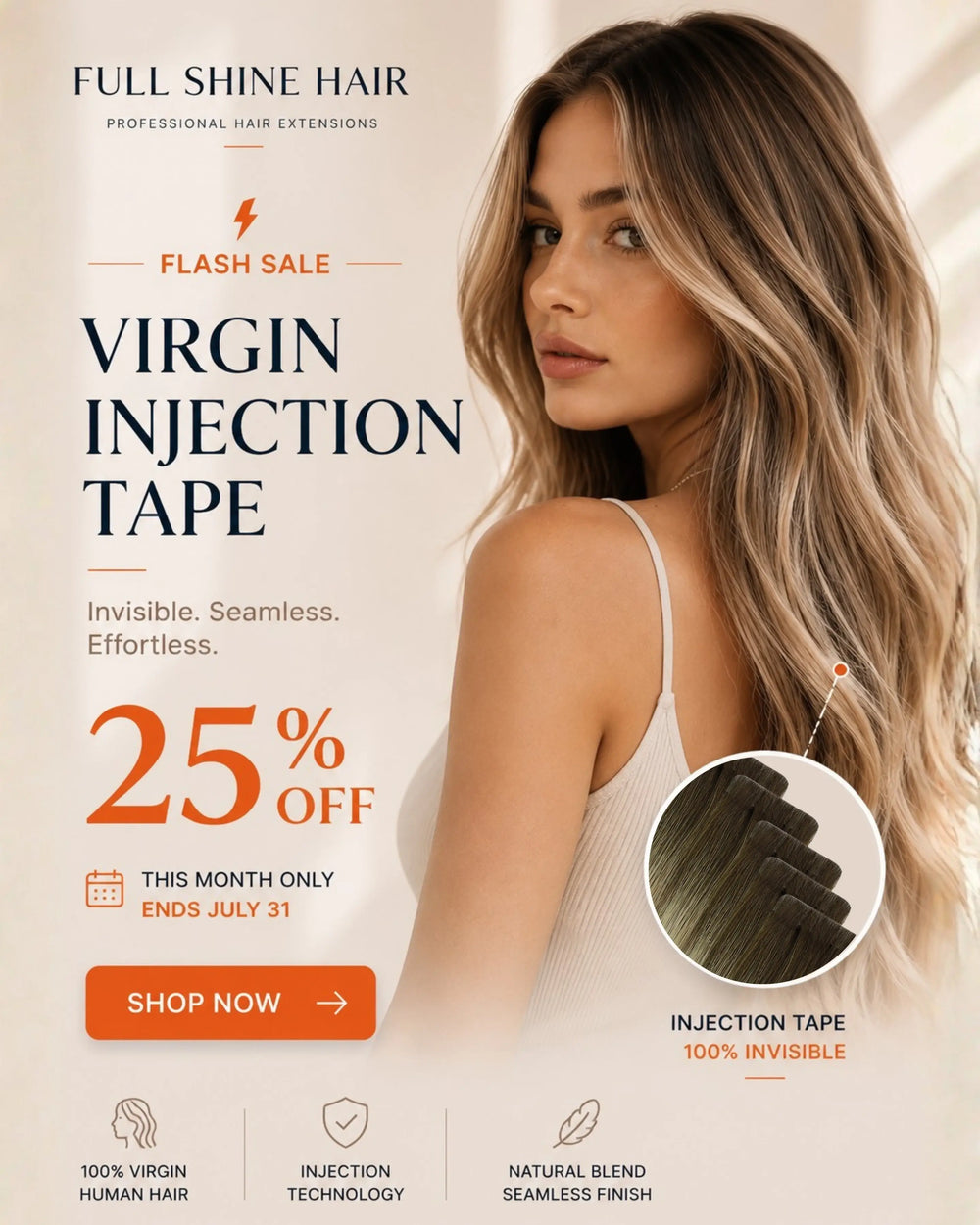 Full Shine Summer Stylist Event featuring 25% off invisible tape in hair extensions for salons, hairstylists, and wholesale buyers throughout June.