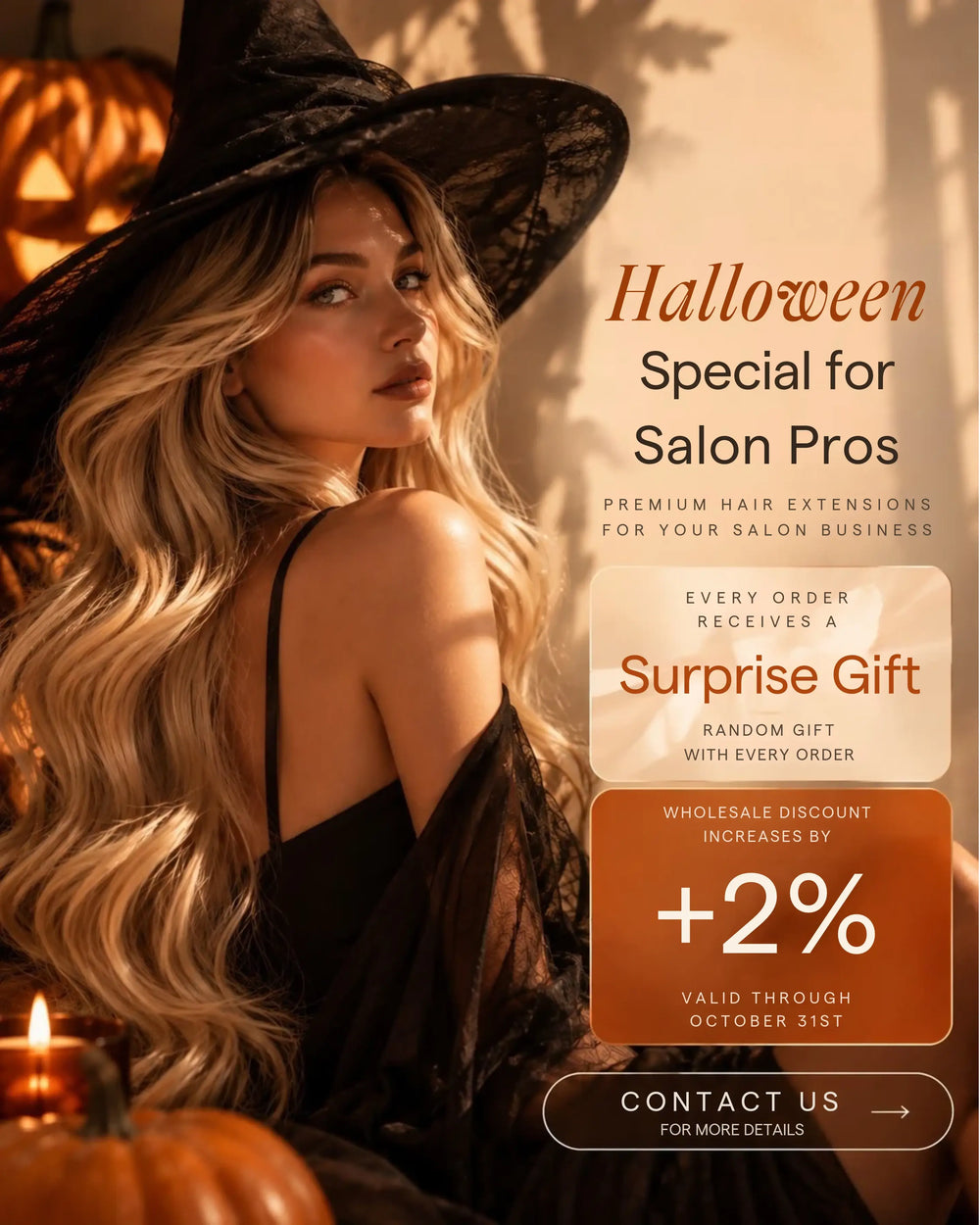 Full Shine Halloween wholesale promotion with an additional 2% discount for wholesale customers shopping human hair extensions and hair toppers.