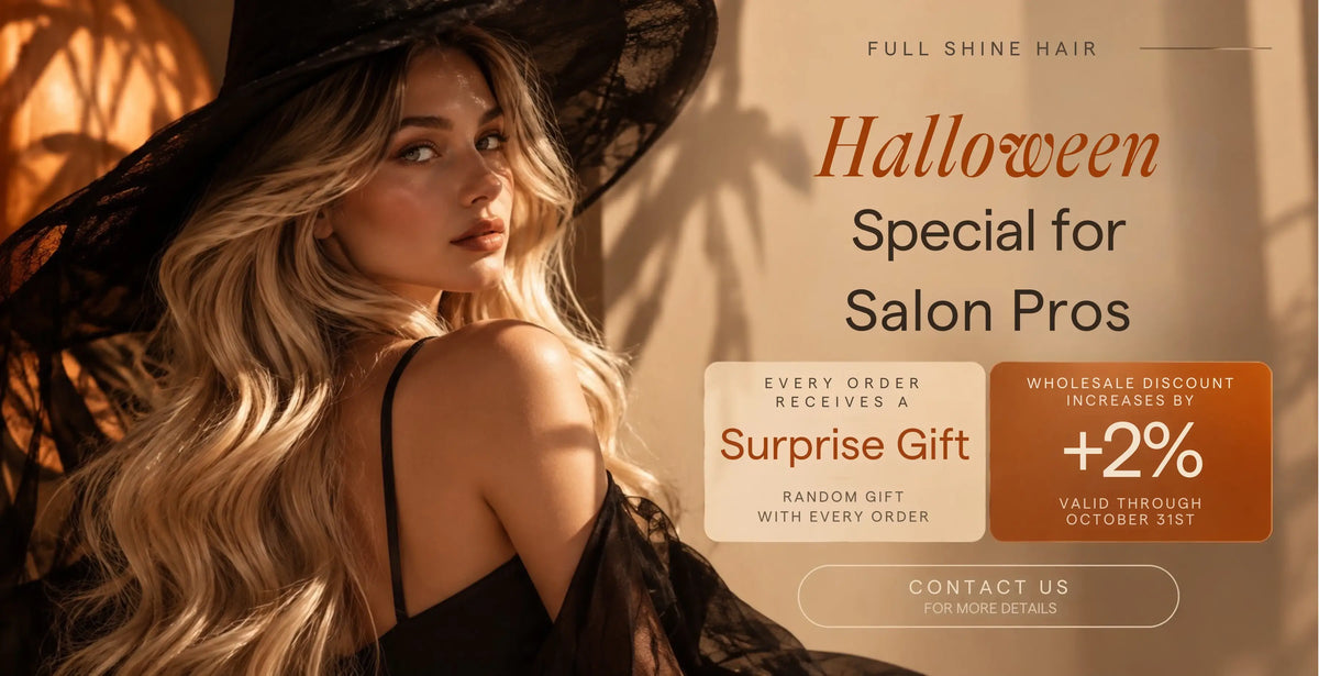 Full Shine Halloween wholesale promotion with an additional 2% discount for wholesale customers shopping human hair extensions and hair toppers.