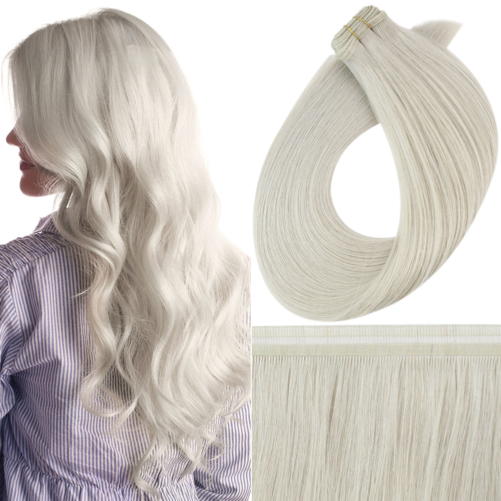 Full Shine Flat Silk Weft Virgin PU Sew In Human Hair Extensions White Blonde (#1000)