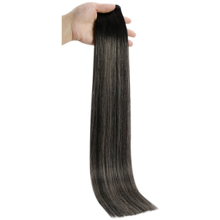 Full Shine Flat Silk Weft Virgin PU Sew In Human Hair Extensions Balayage Highlights (#1B/Silver/1B)