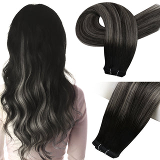 Full Shine Flat Silk Weft Virgin PU Sew In Human Hair Extensions Balayage Highlights (#1B/Silver/1B)