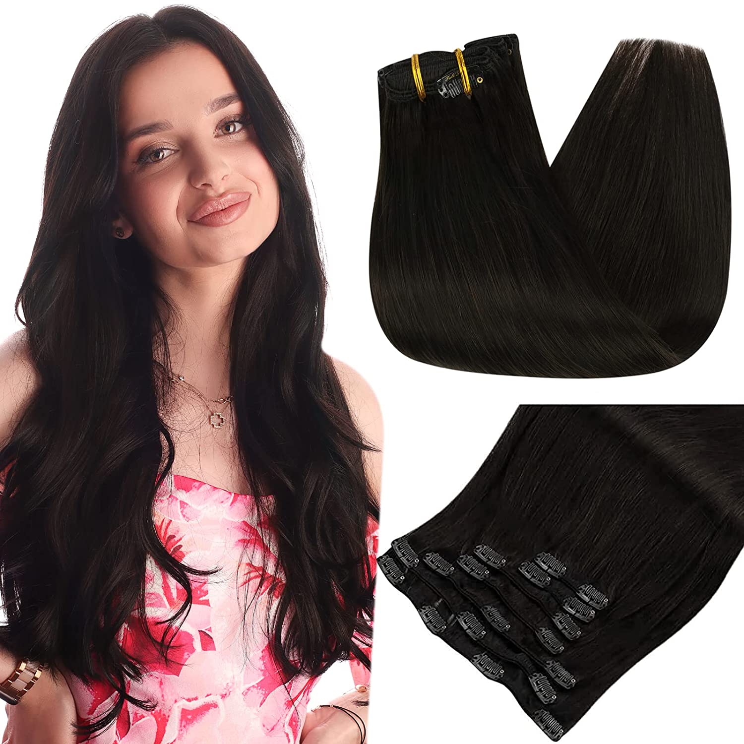 Full Shine Clip in Extensions 100% Remy Human Hair 7 Pieces Off Black (#1B)