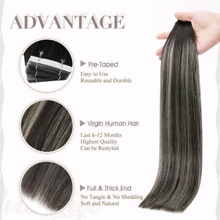 Full Shine Tape in Hair Extensions 100% Virgin Human Hair Balayage Highlights (#1B/Silver/1B)