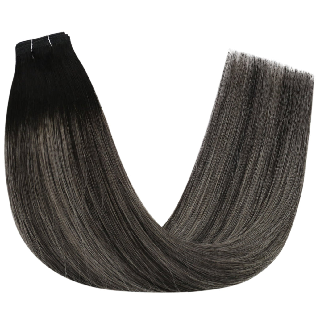 Full Shine Flat Silk Weft Virgin PU Sew In Human Hair Extensions Balayage Highlights (#1B/Silver/1B)
