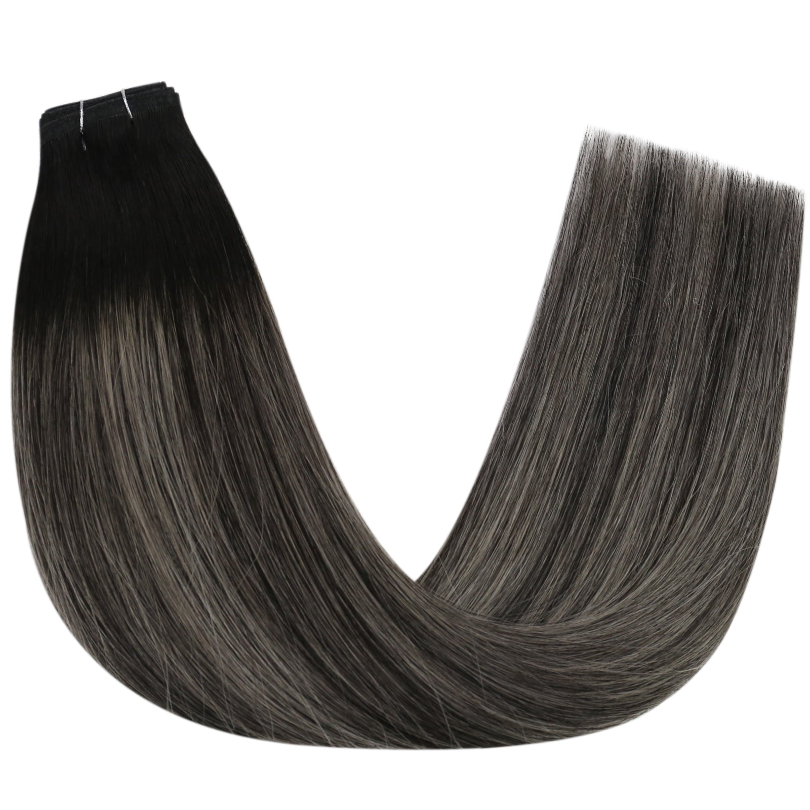 Full Shine Flat Silk Weft Virgin PU Sew In Human Hair Extensions Balayage Highlights (#1B/Silver/1B)