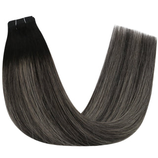 Full Shine Flat Silk Weft Virgin PU Sew In Human Hair Extensions Balayage Highlights (#1B/Silver/1B)