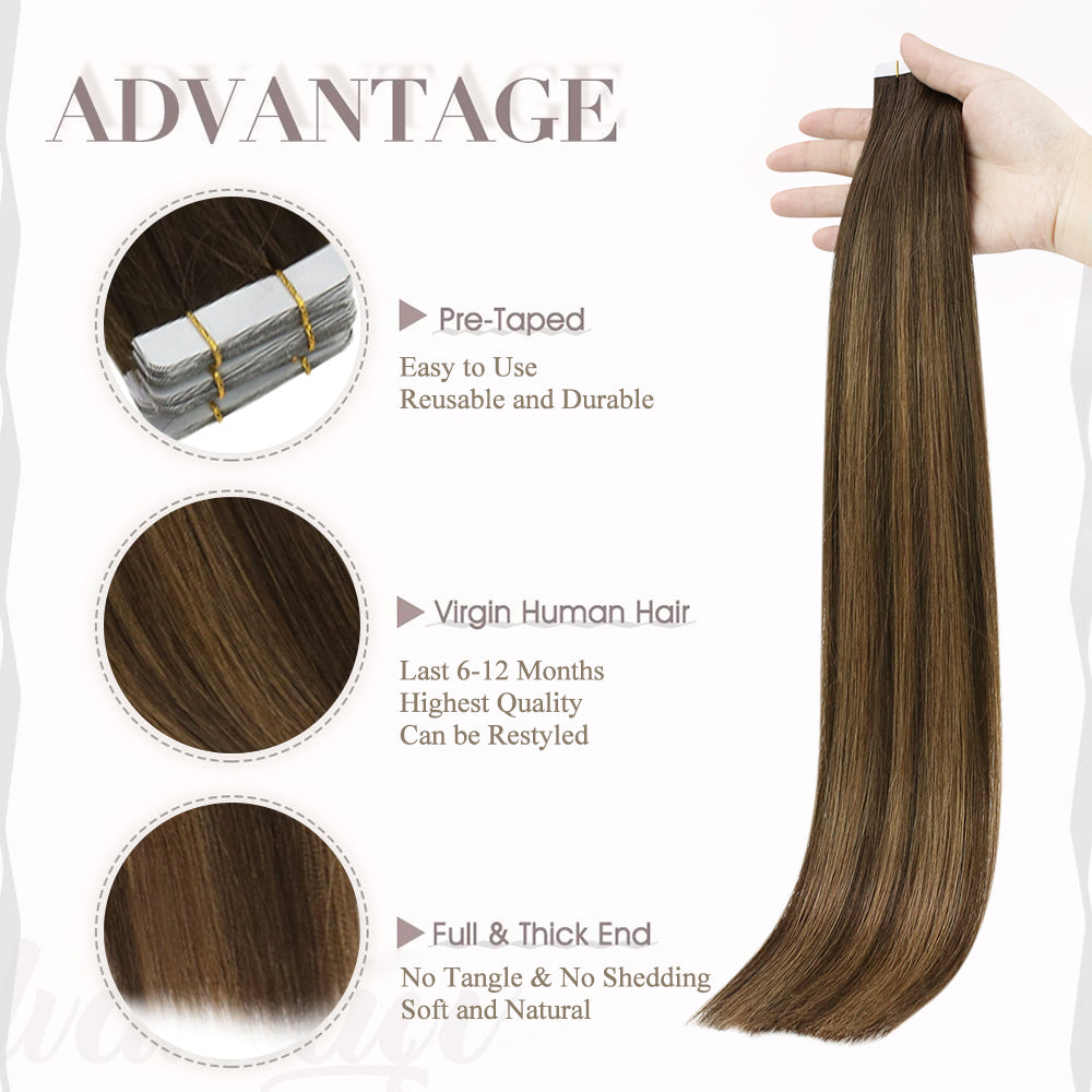 Full Shine Tape in Hair Extensions 100% Virgin Human Hair Balayage (#DU)