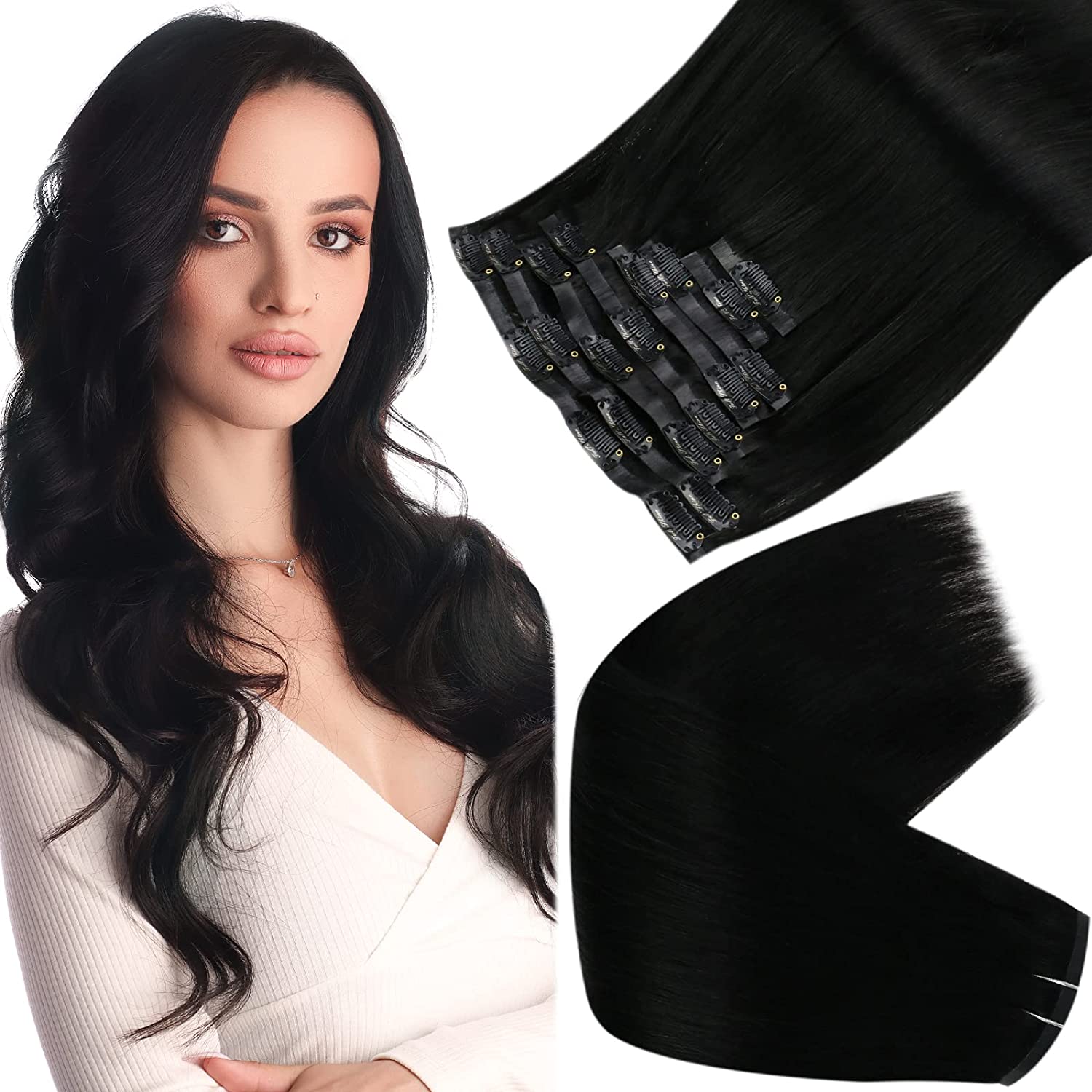 Full Shine PU Seamless Clip in Extensions 100% Remy Human Hair 8 Pieces Jet Black (#1)