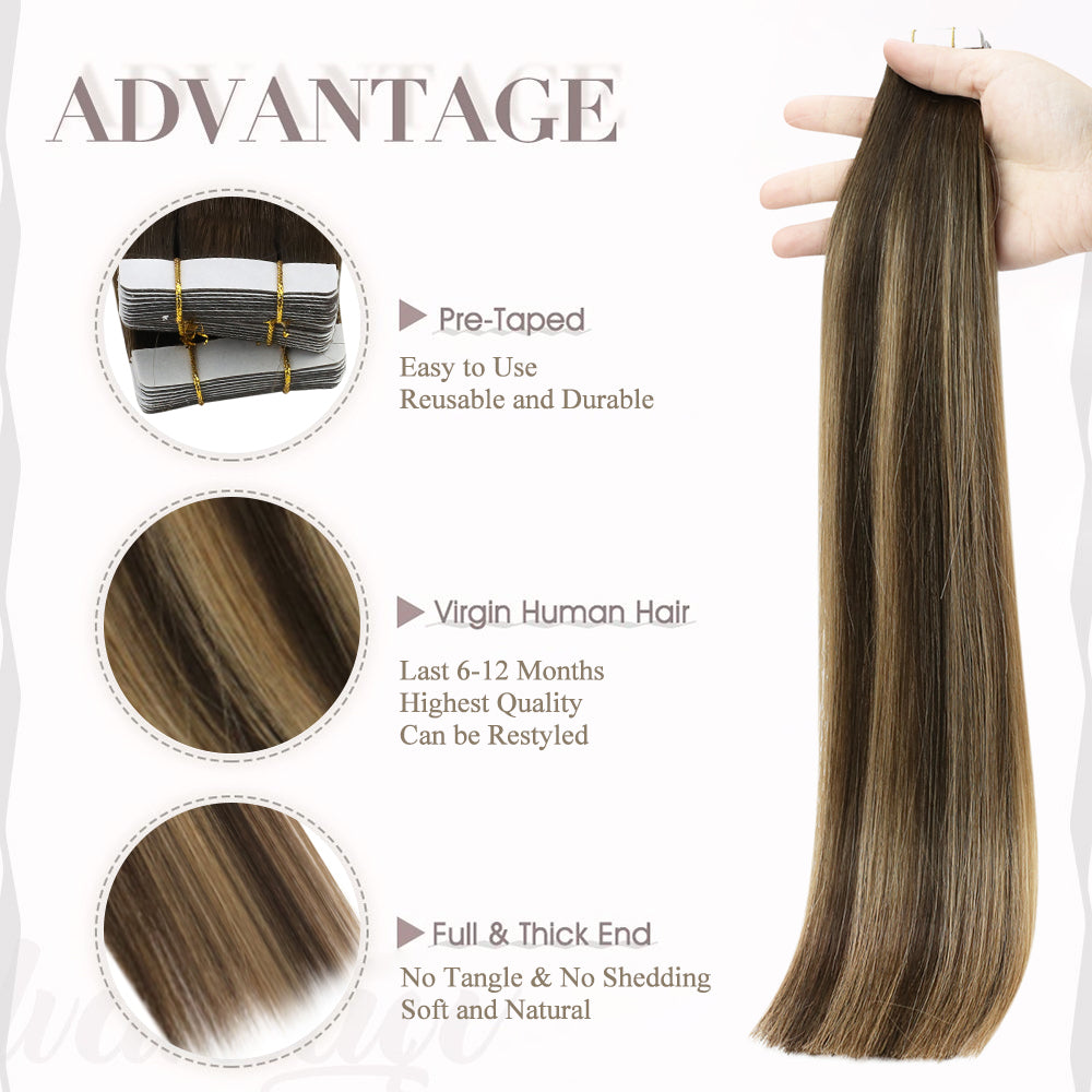 Full Shine Tape in Hair Extensions 100% Virgin Human Hair Balayage (#BM)