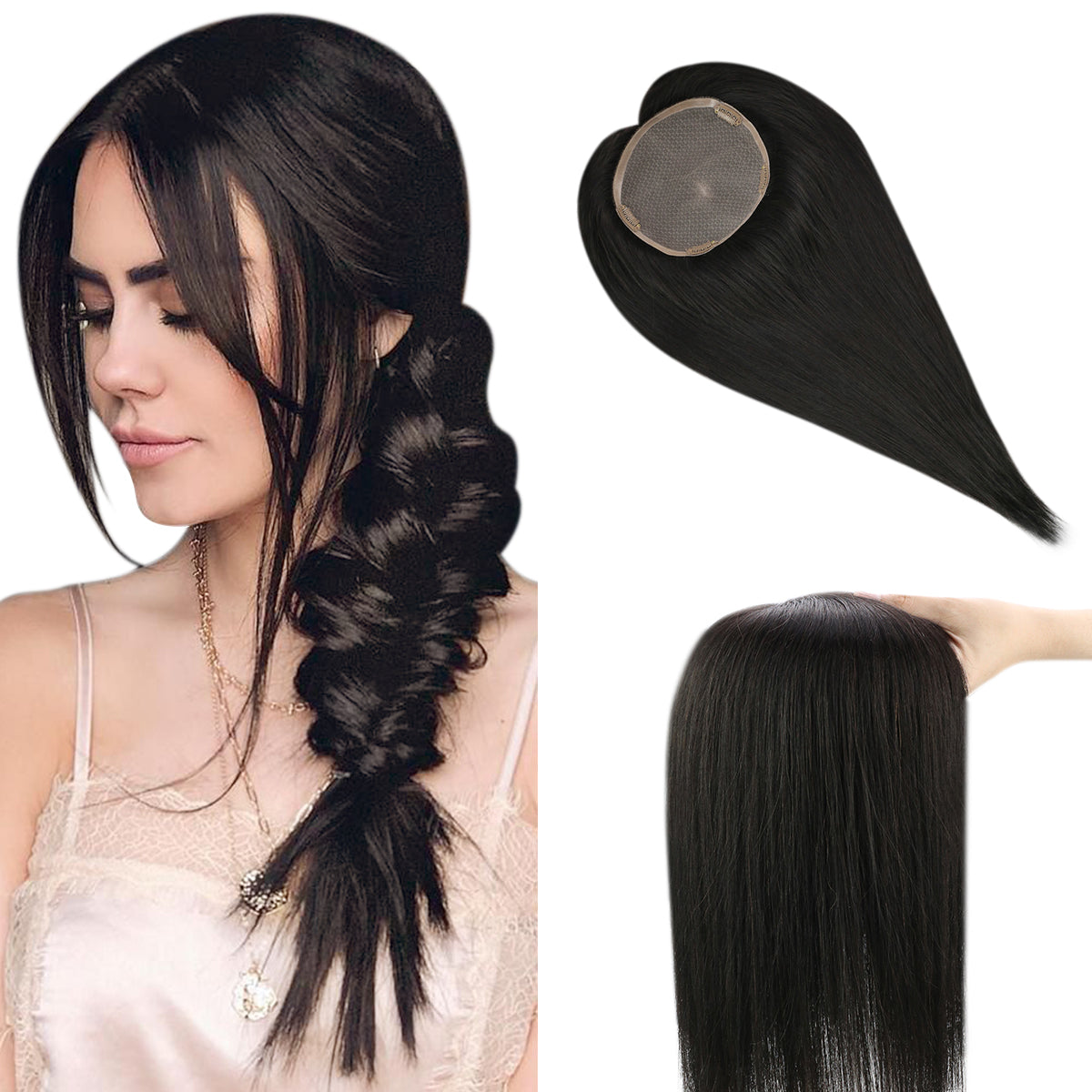 Full Shine Lace Human Hair Wig Toppers 13cm*13cm For Women Hair Loss #1B Off Black
