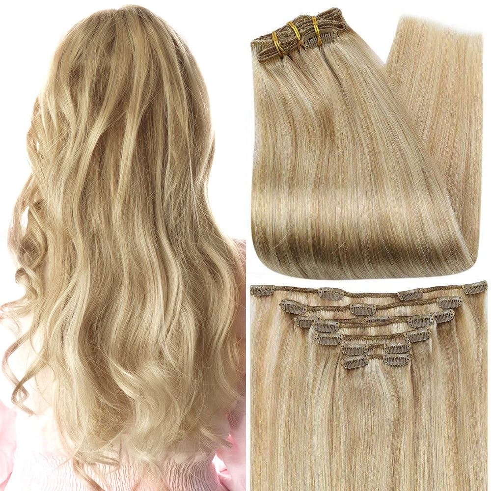 Full Shine Clip in Extensions 100% Remy Human Hair 7 Pieces Highlights (#P24/27)