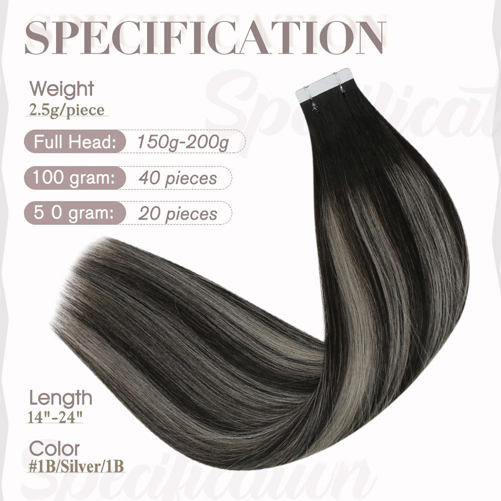 Full Shine Tape in Hair Extensions 100% Virgin Human Hair Balayage Highlights (#1B/Silver/1B)