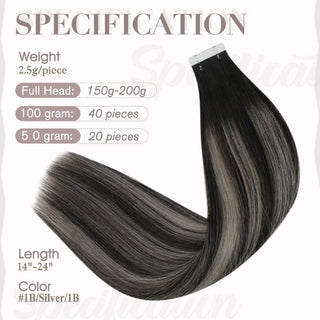 Full Shine Tape in Hair Extensions 100% Virgin Human Hair Balayage Highlights (#1B/Silver/1B)