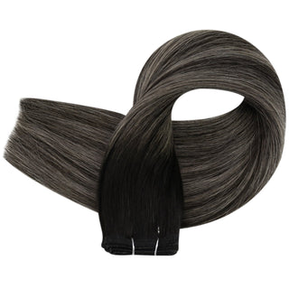 Full Shine Flat Silk Weft Virgin PU Sew In Human Hair Extensions Balayage Highlights (#1B/Silver/1B)