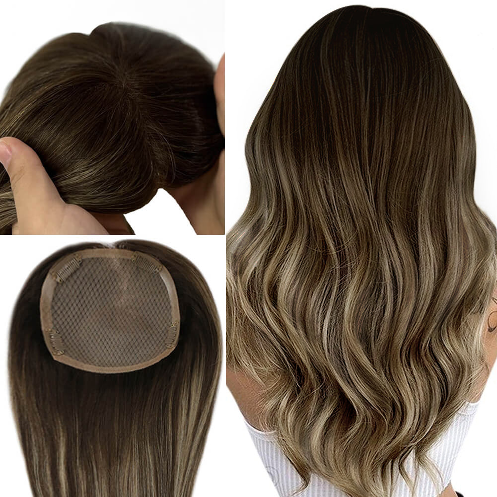 Full Shine Lace Human Hair Topper Piece 13cm*13cm For Women Balayage #4/24/4