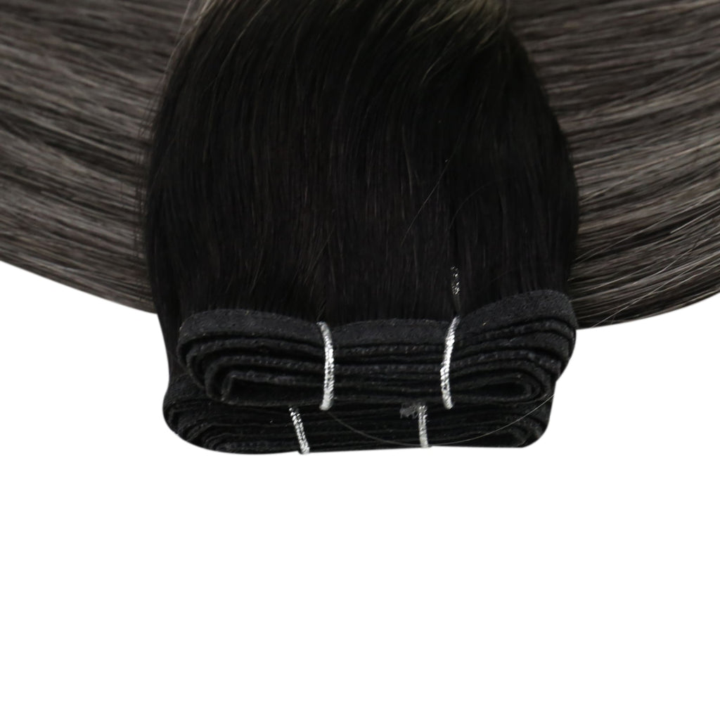 Full Shine Flat Silk Weft Virgin PU Sew In Human Hair Extensions Balayage Highlights (#1B/Silver/1B)