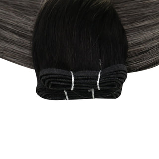 Full Shine Flat Silk Weft Virgin PU Sew In Human Hair Extensions Balayage Highlights (#1B/Silver/1B)