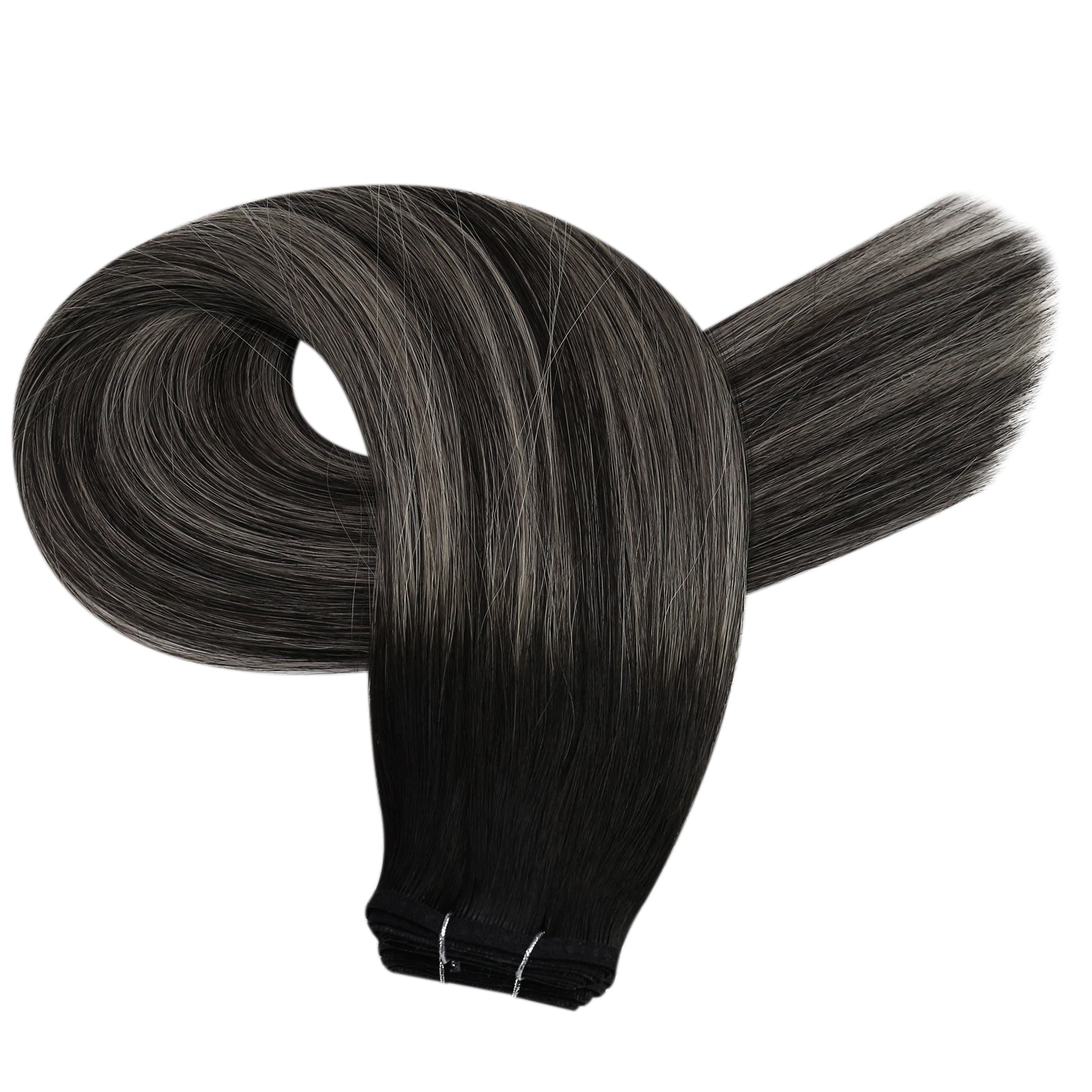 Full Shine Flat Silk Weft Virgin PU Sew In Human Hair Extensions Balayage Highlights (#1B/Silver/1B)