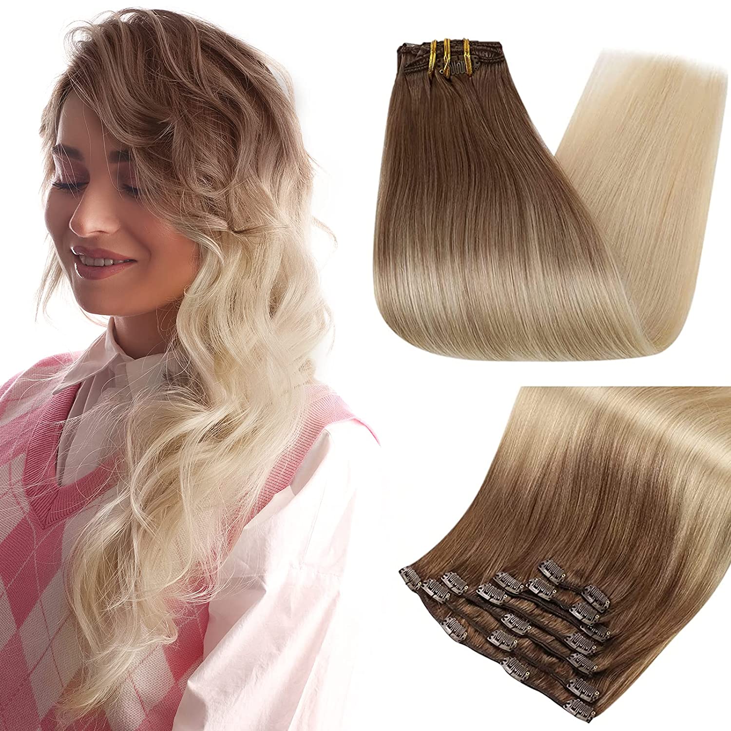 Full Shine Clip in Extensions 100% Remy Human Hair 7 Pieces Balayage Ombre (#3/8/613)