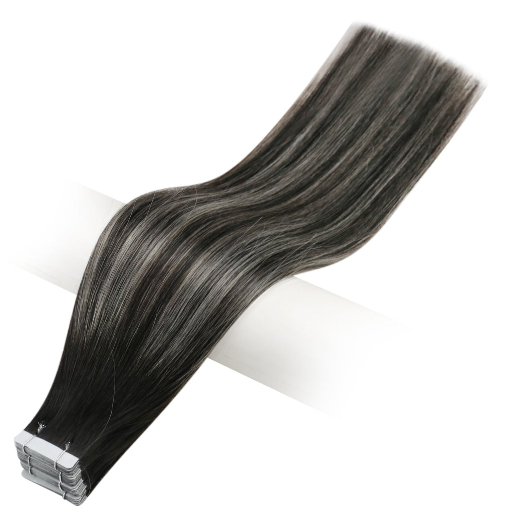 Full Shine Tape in Hair Extensions 100% Virgin Human Hair Balayage Highlights (#1B/Silver/1B)