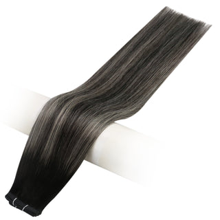 Full Shine Flat Silk Weft Virgin PU Sew In Human Hair Extensions Balayage Highlights (#1B/Silver/1B)