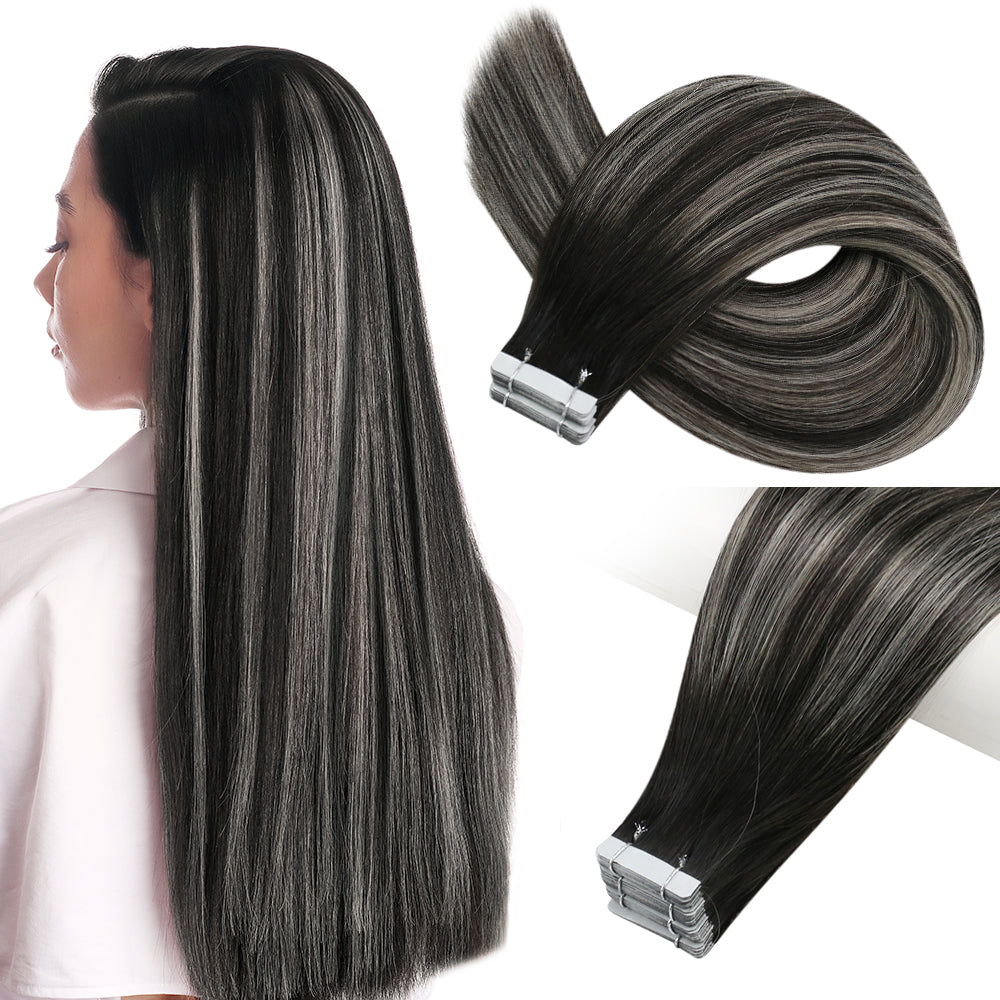 Full Shine Tape in Hair Extensions 100% Virgin Human Hair Balayage Highlights (#1B/Silver/1B)