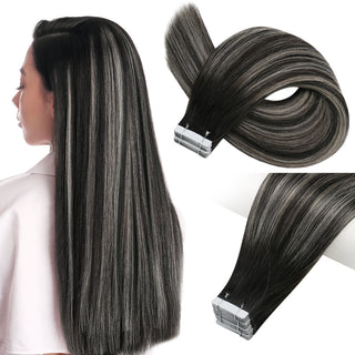 Full Shine Tape in Hair Extensions 100% Virgin Human Hair Balayage Highlights (#1B/Silver/1B)
