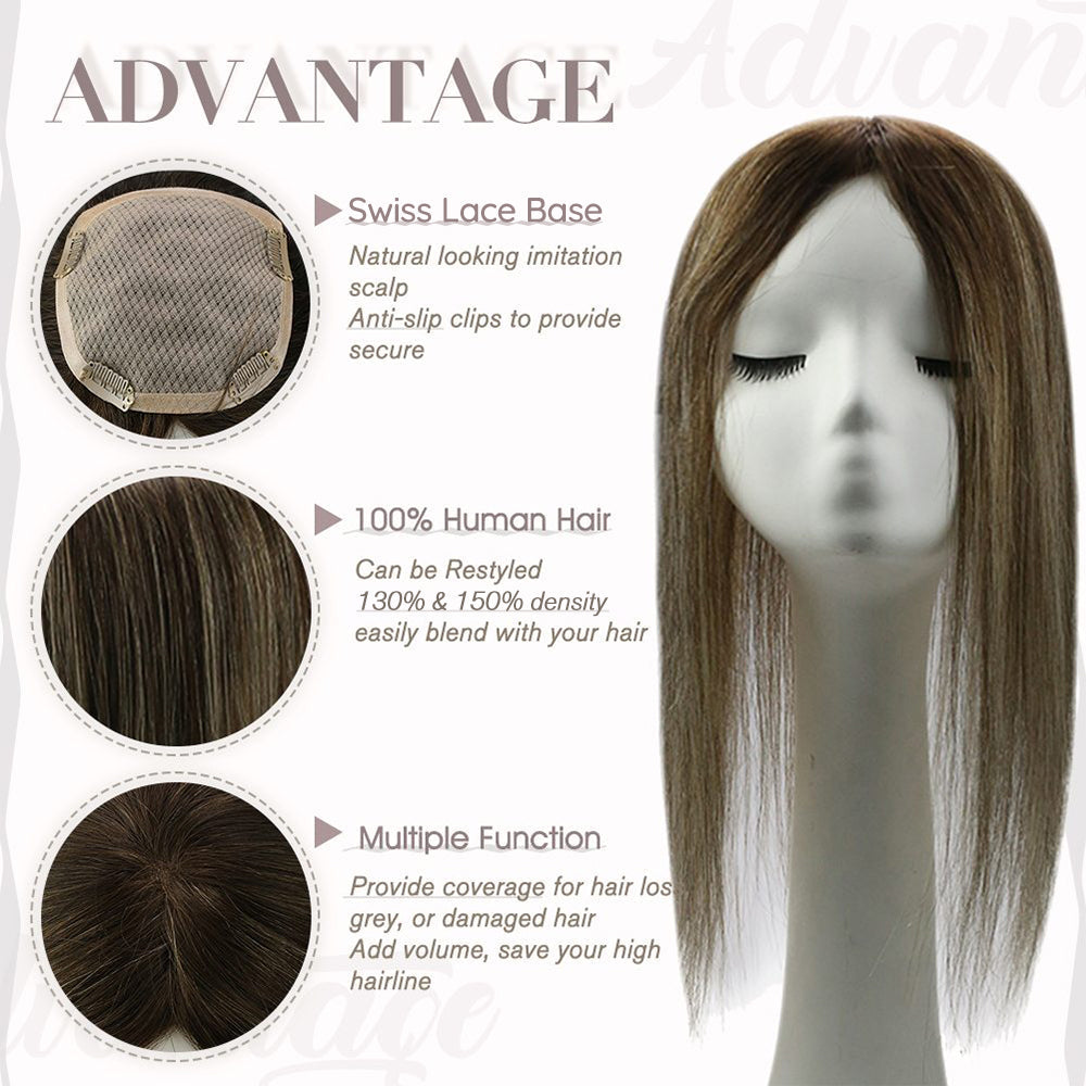 Full Shine Lace Human Hair Topper Piece 13cm*13cm For Women Balayage #4/24/4