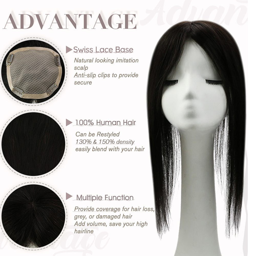 Full Shine Lace Human Hair Wig Toppers 13cm*13cm For Women Hair Loss #1B Off Black