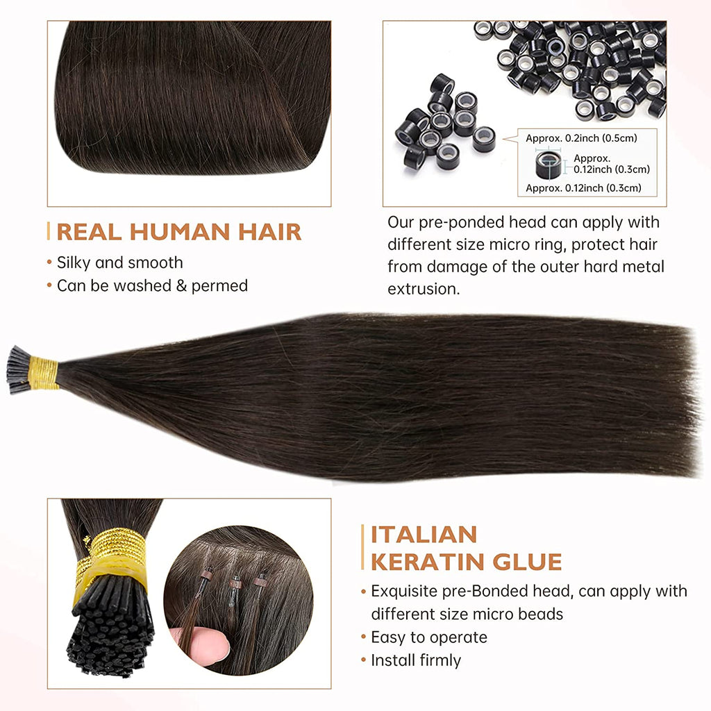 Full Shine I Tip 100% Remy Human Hair Extensions Darkest Brown (#2)